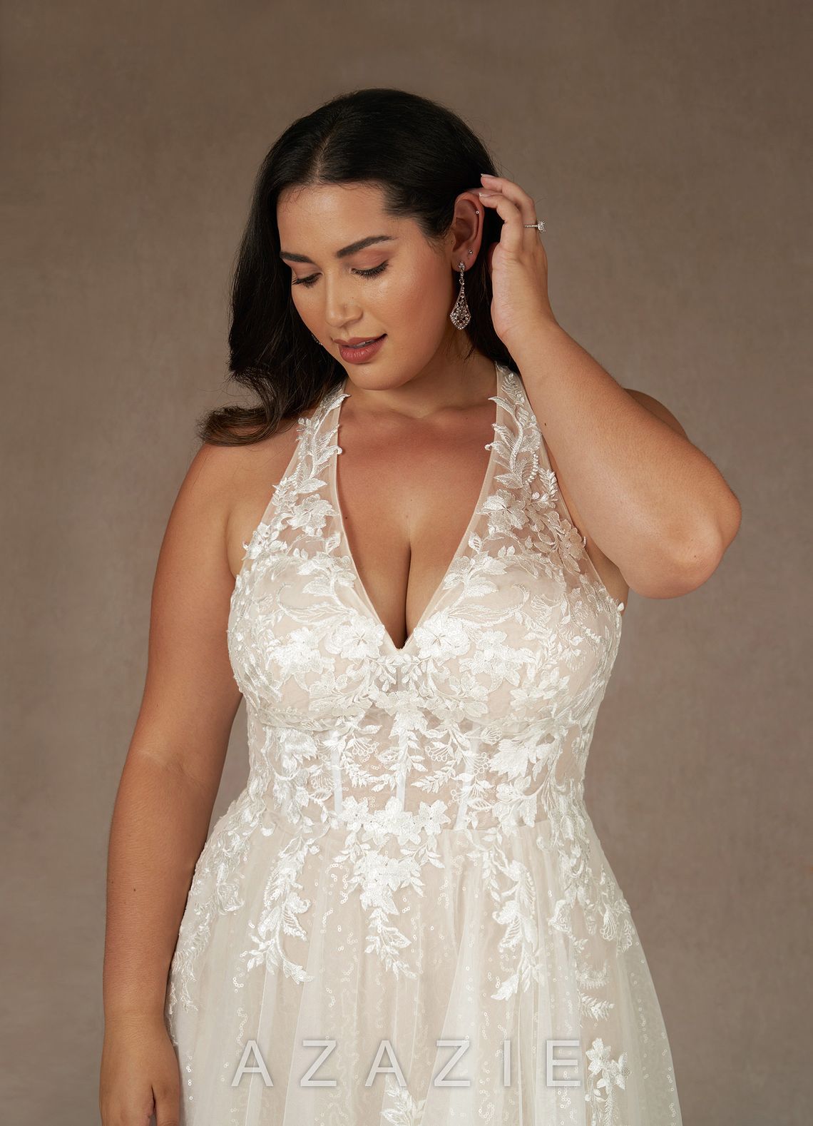 Azazie Dysis Wedding Dress Diamond White Champagne A-Line Halter Sequins Tulle Dress diamond_white/champagne