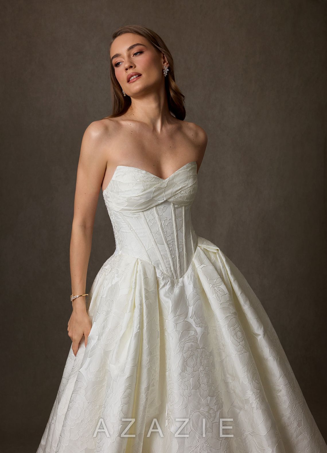 Azazie Genevieve Antique White Ball-Gown Strapless Floral Jacquard Dress