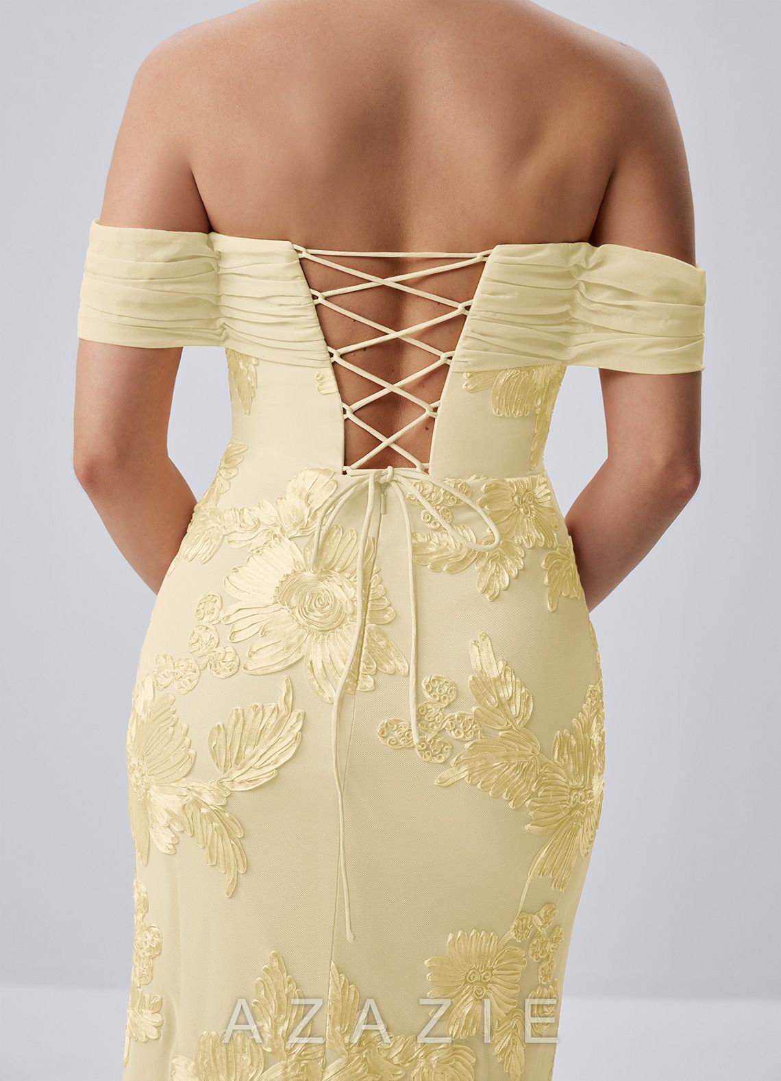 Berenice Lemon Sorbet 3D Floral Lace Off Shoulder Maxi Dress