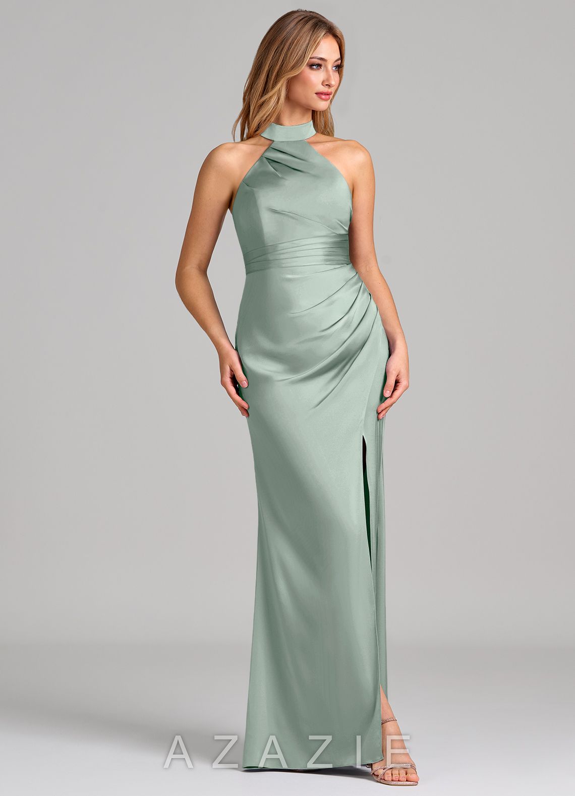 Azazie Karlotta Agave Sheath Pleated Stretch Satin Dress agave