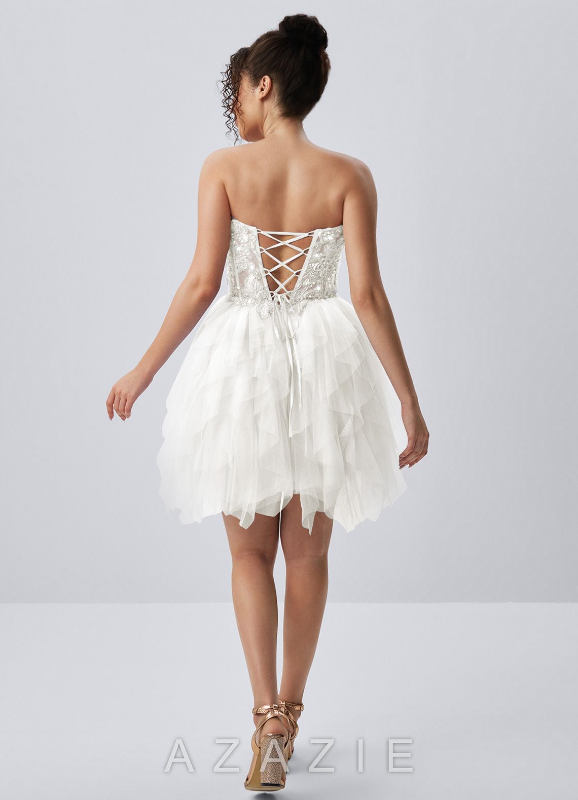 Madeline White Strapless 3D Floral Tulle Lace-Up Mini Dress