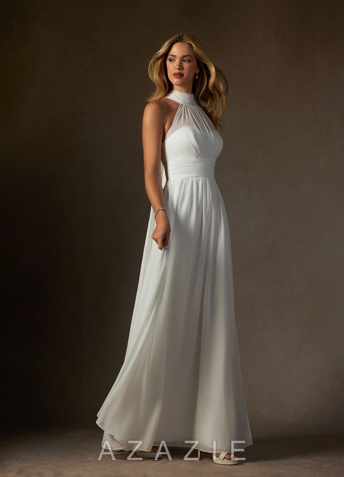 Azazie Helaina Wedding Dress Diamond White A-Line Pleated Chiffon Dress diamond_white