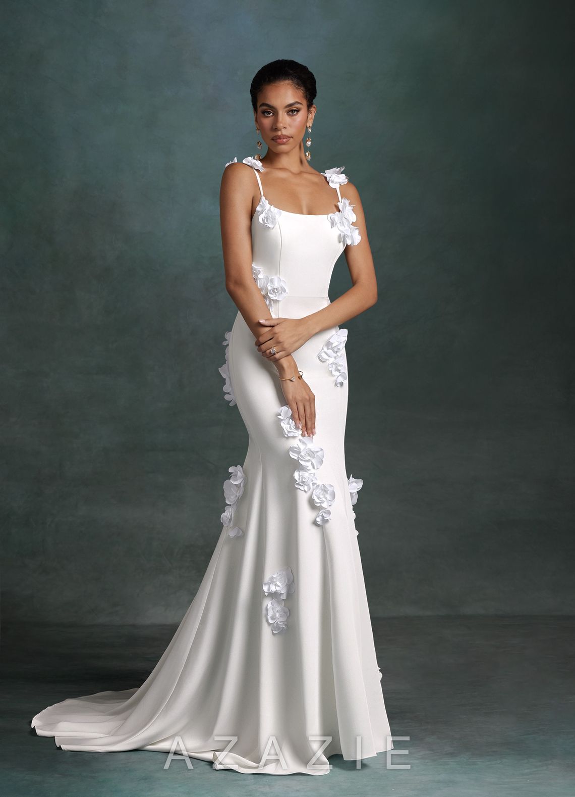 Azazie Jaslyn Diamond White Mermaid Square Neckline Crepe Back Satin Dress diamond_white