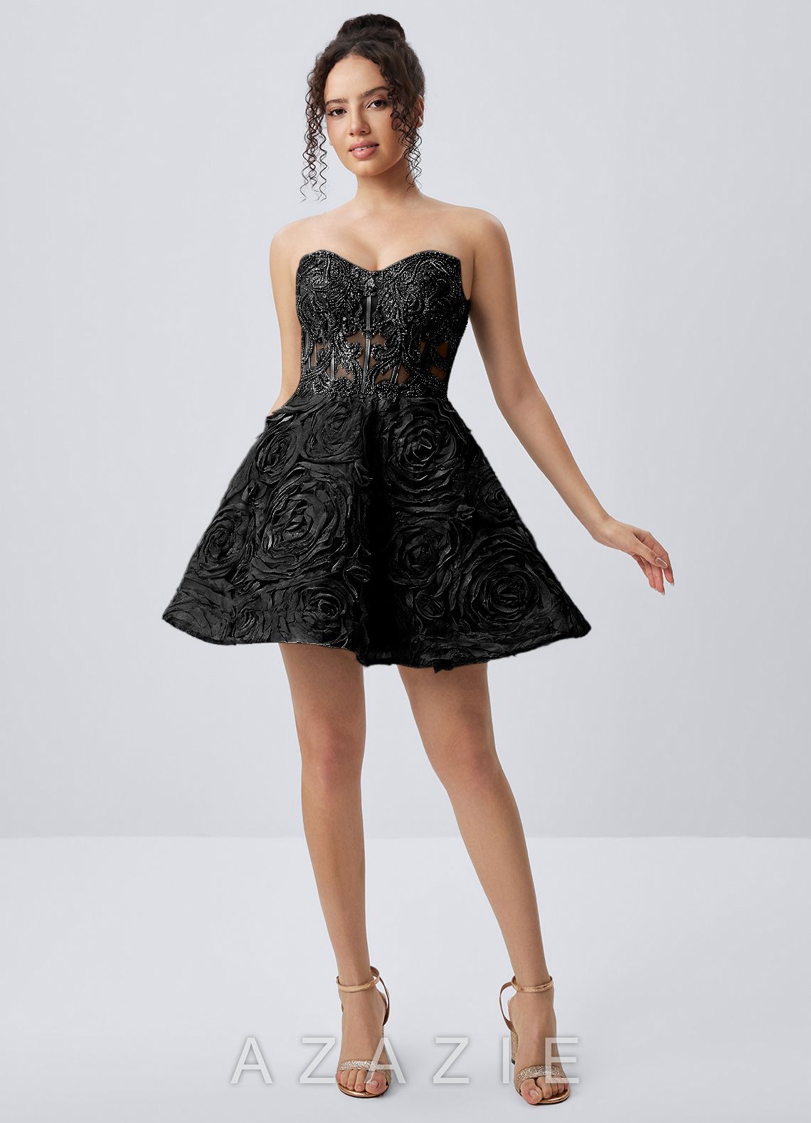 Mathilde Black Strapless 3D Rose Mesh Corset Skater Mini Dress