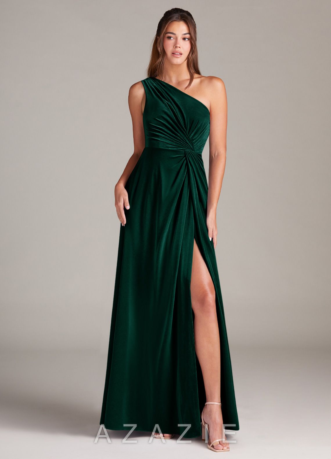 Azazie Brooke Emerald A-Line One Shoulder Velvet Dress