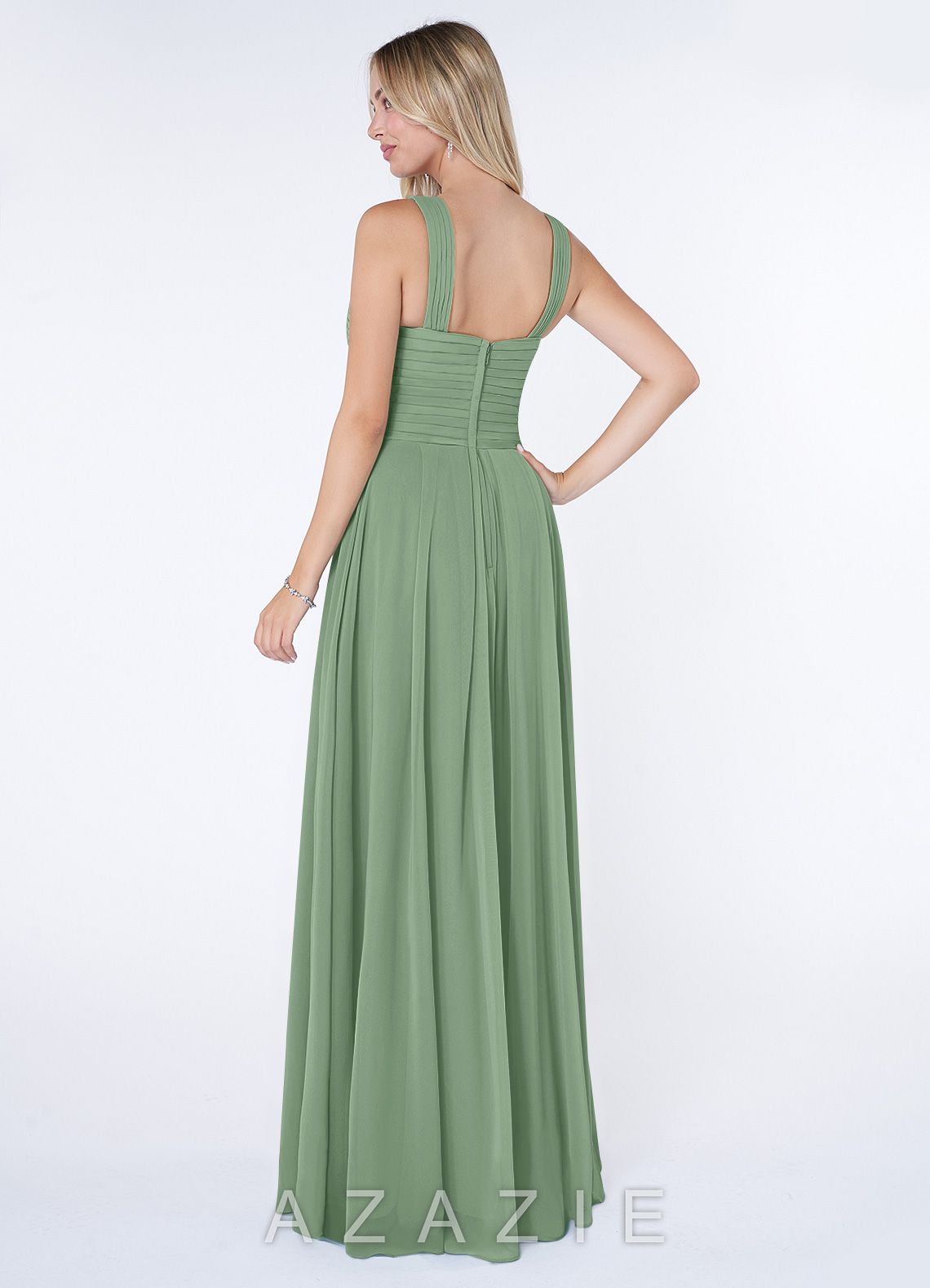 Azazie Kaleigh Matcha A-Line Pleated Chiffon Dress matcha