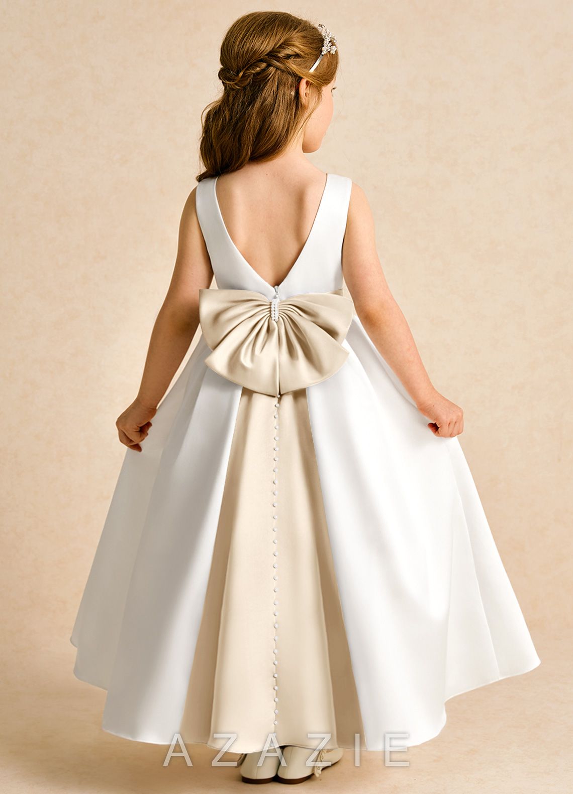 Azazie Cherry Ivory Champagne Ball-Gown Pleated Matte Satin Dress