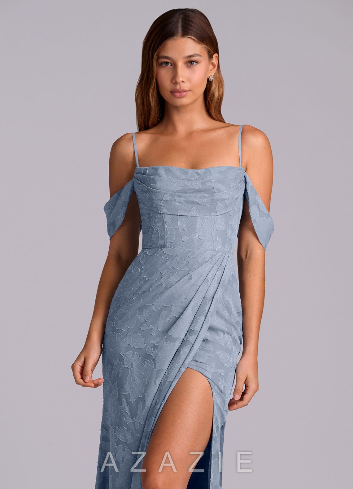 Azazie Johana Dusty Blue Mermaid Off the Shoulder Floral Burnout Convertible Dress dusty_blue