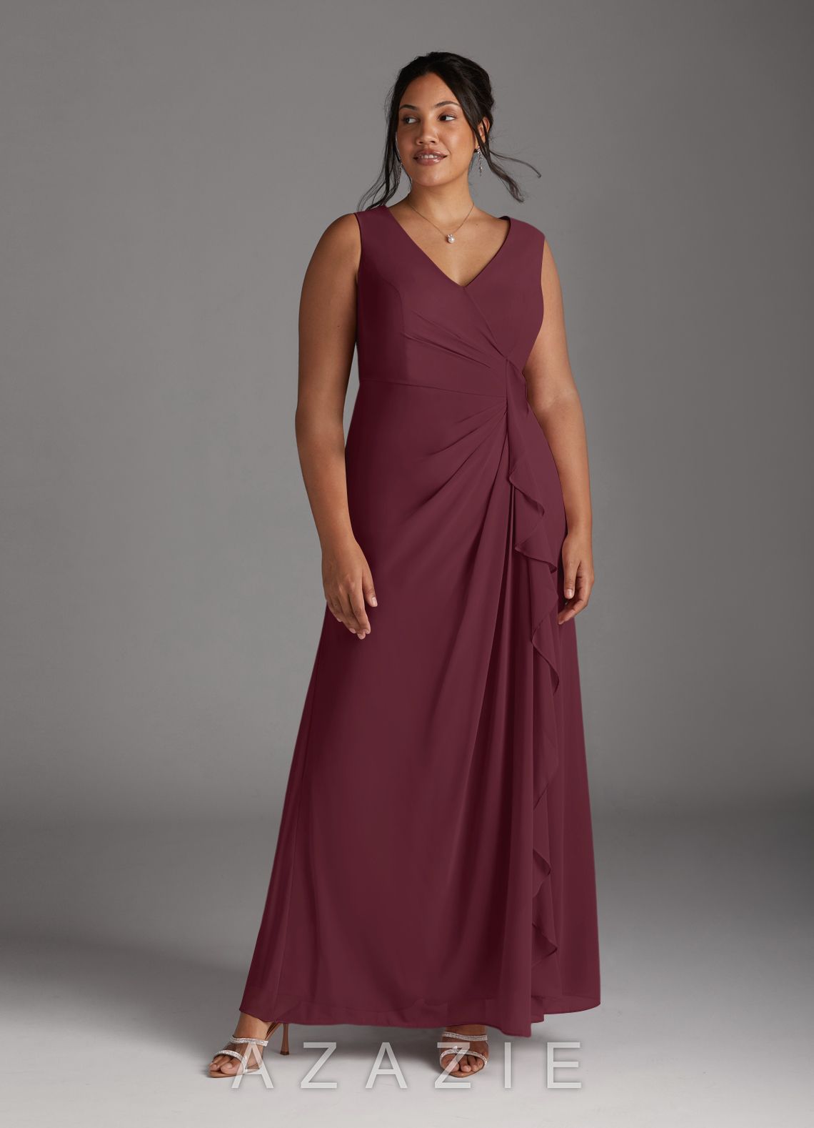 Azazie Manuella Cabernet A-Line V-Neck Pleated Chiffon Dress cabernet