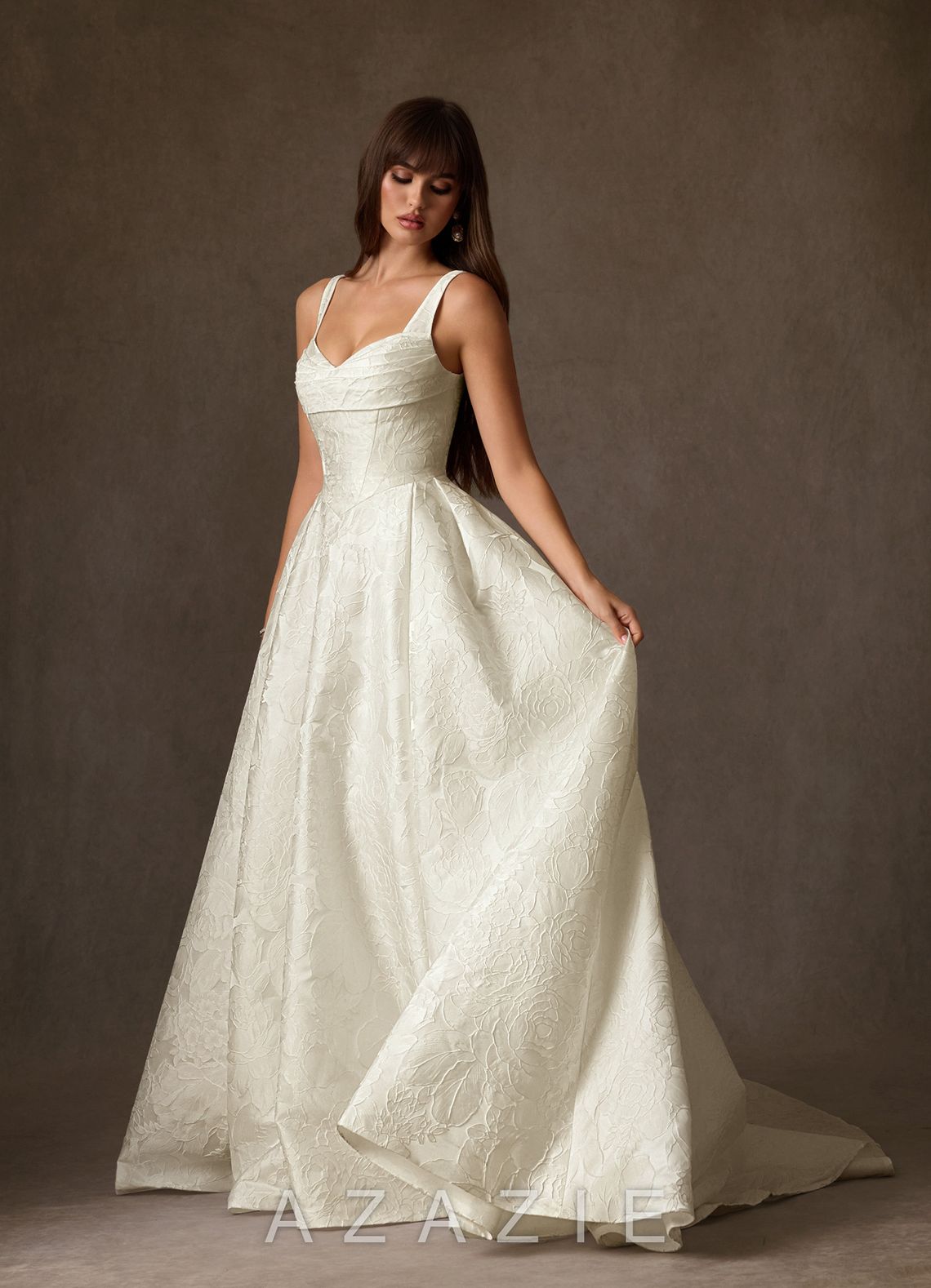 Azazie Priah Antique White Ball-Gown Sweetheart Neckline Floral Jacquard Dress antique_white