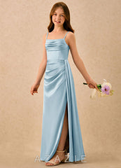 Azazie Shyla Girls Formal Sky Blue Sheath Pleated Stretch Satin Dress