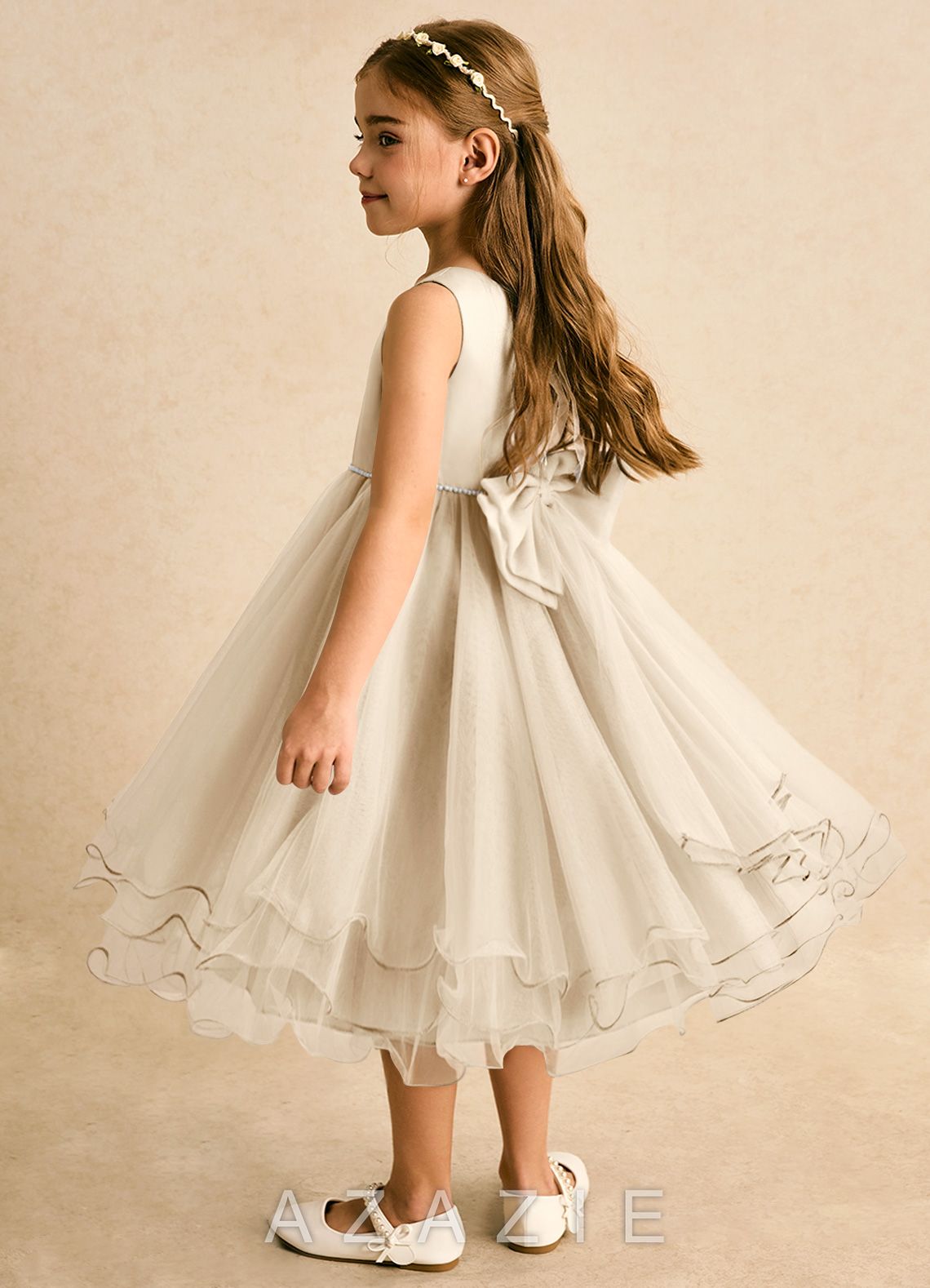 Azazie Lass Champagne A-Line Bow Tulle Dress champagne