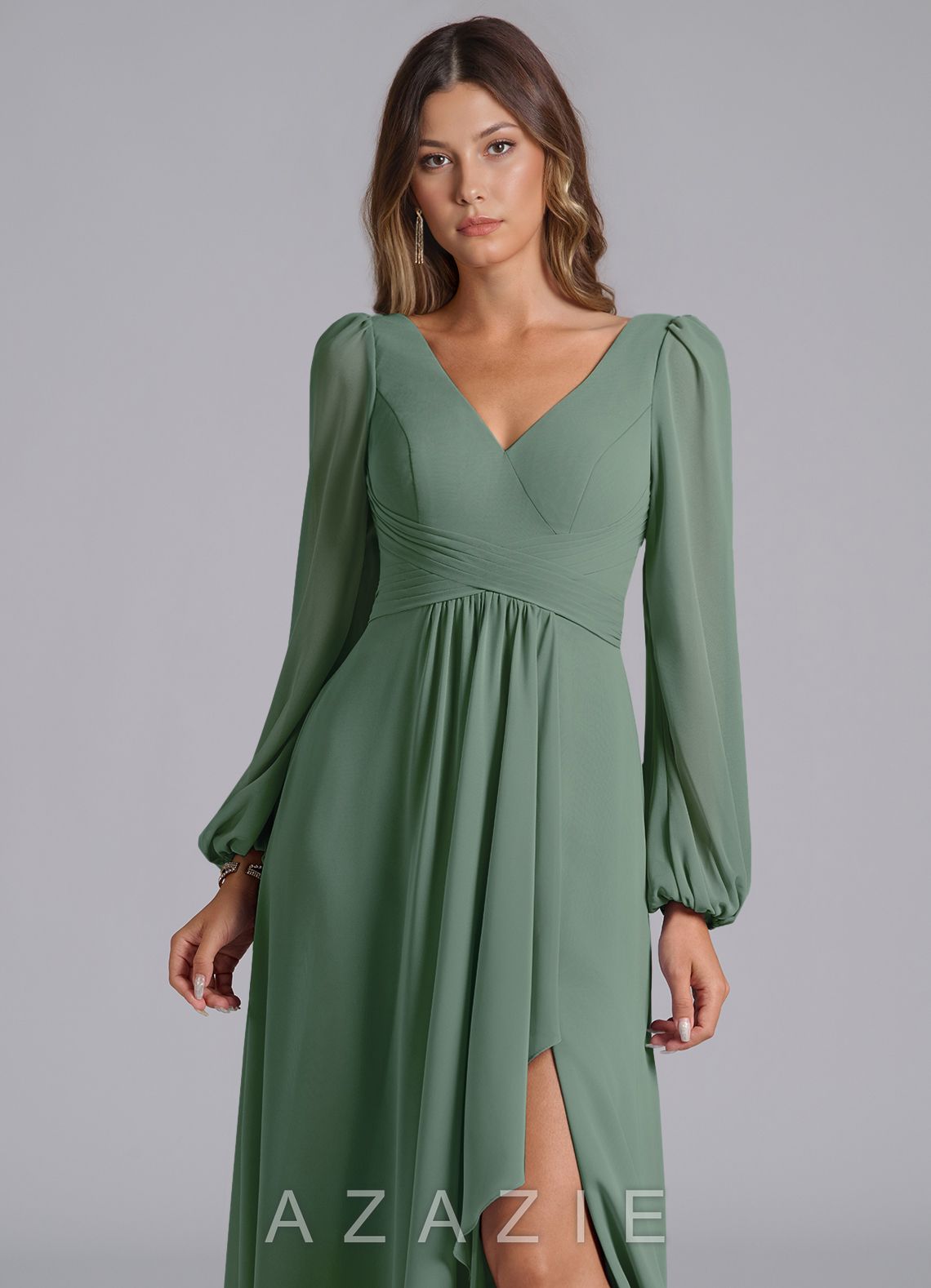 Azazie Liah Eucalyptus A-Line Long Sleeve Chiffon Dress eucalyptus