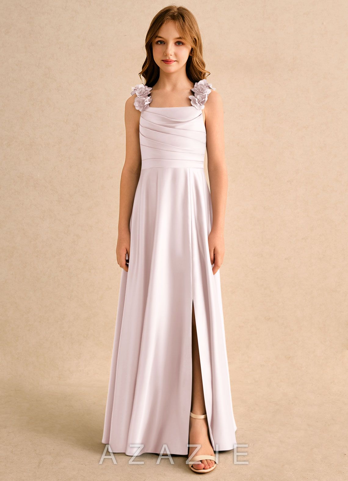 Azazie Rosita Girls Formal Blushing Pink A-Line Pleated Matte Satin Dress blushing_pink