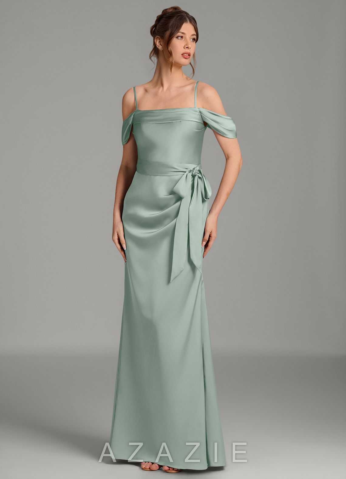 Azazie Wyatt Agave Mermaid Off the Shoulder Stretch Satin Dress agave