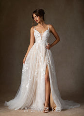 Azazie Monda Wedding Dress Diamond White Champagne A-Line Lace Tulle Dress
