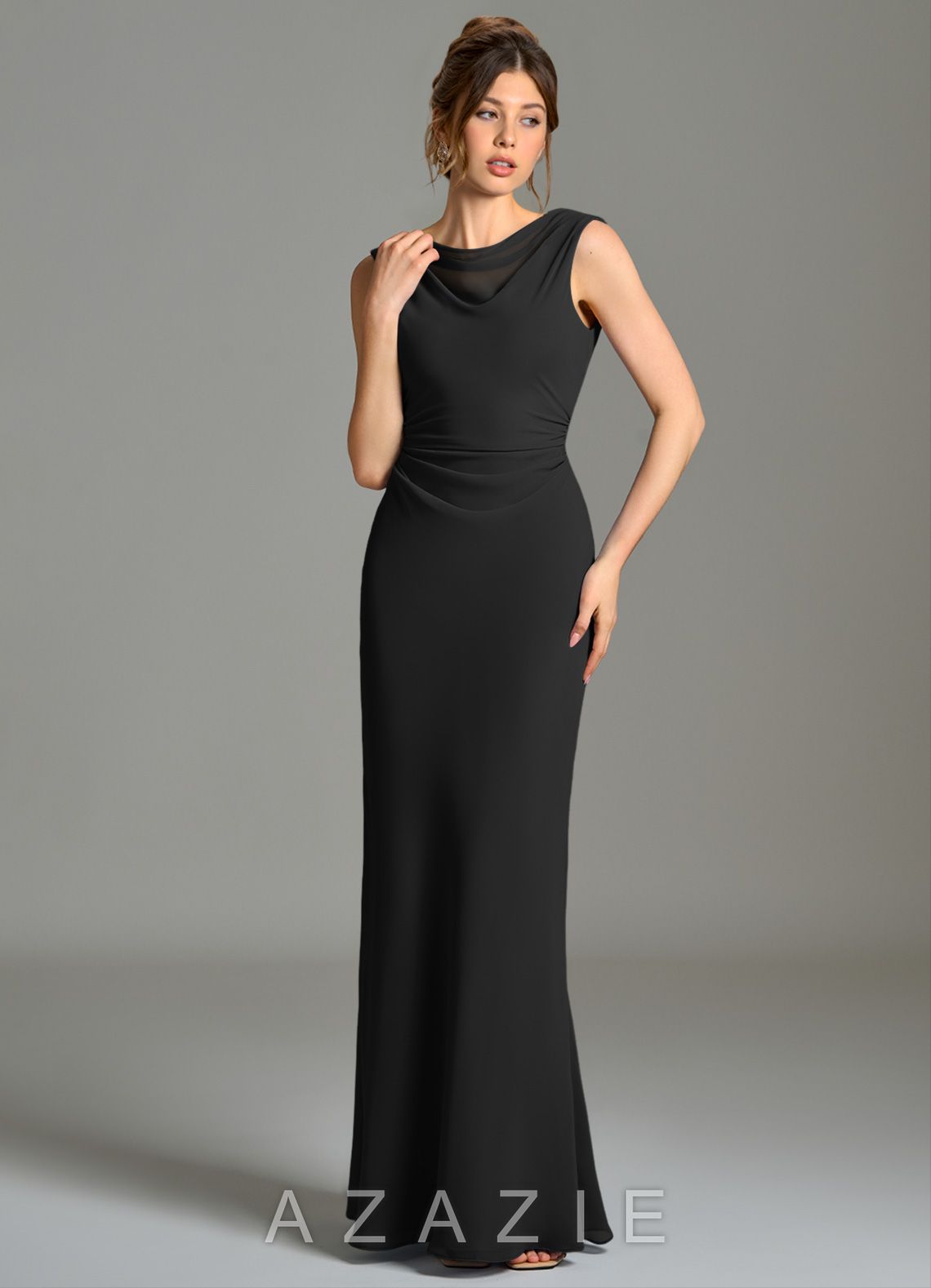 Azazie Kieryn Black Mermaid Pleated Chiffon Dress black