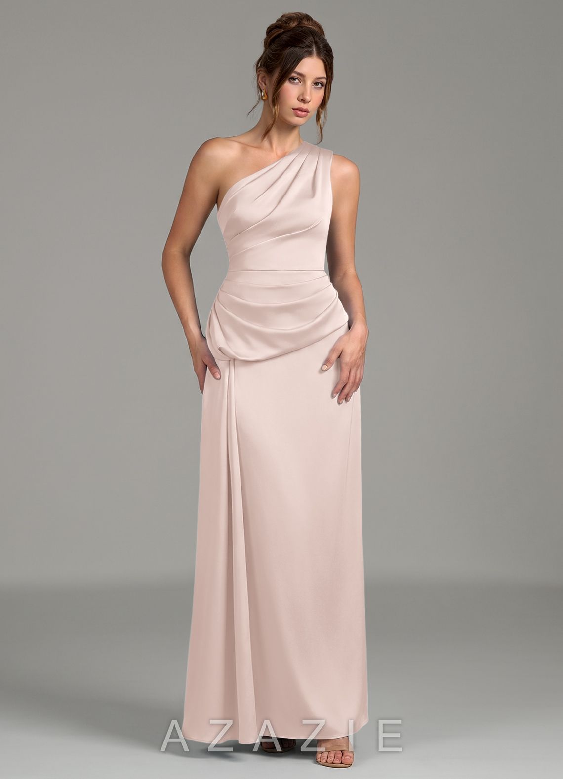 Azazie Zahira Blushing Pink Sheath One Shoulder Stretch Satin Dress blushing_pink