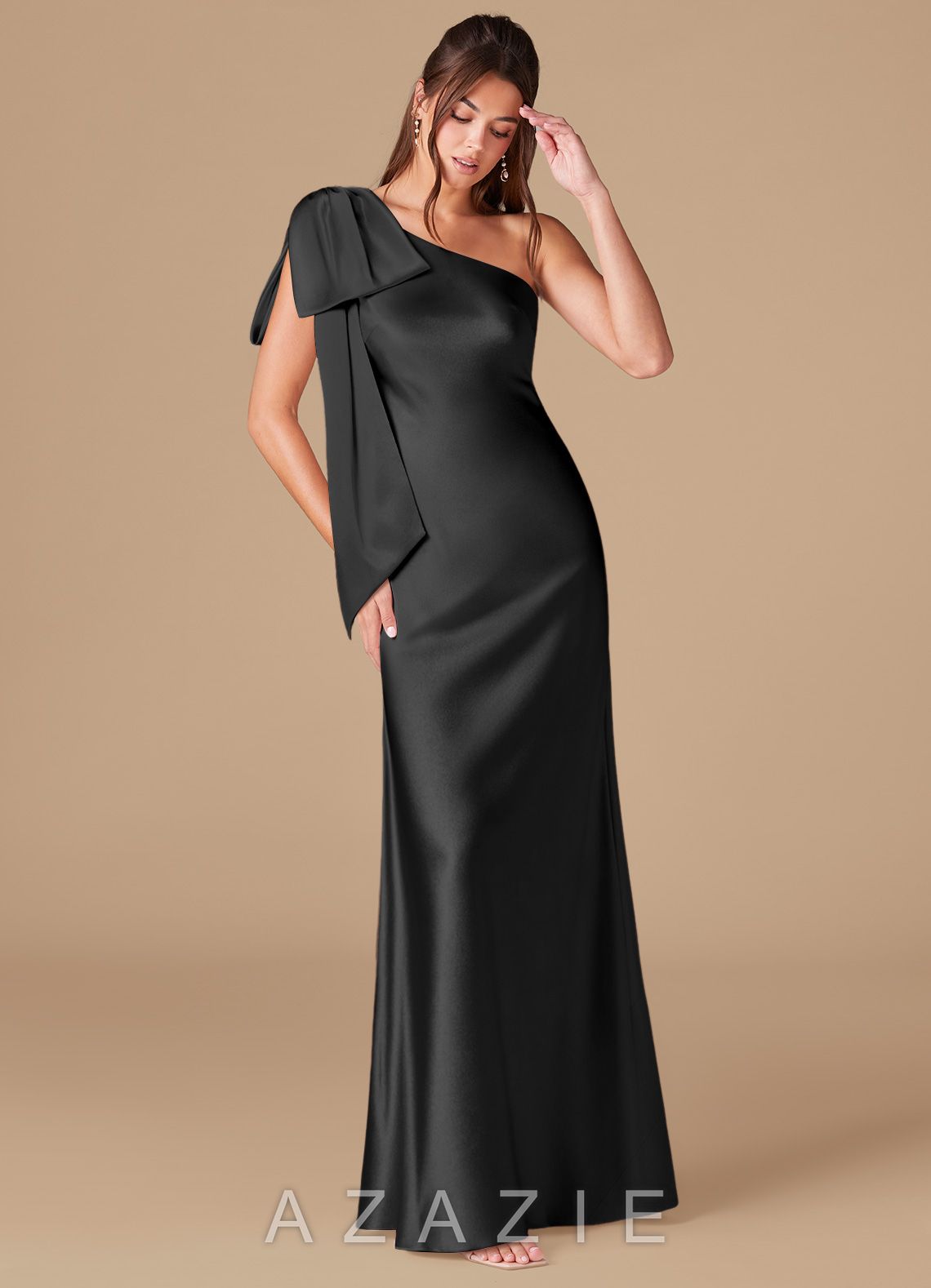 Azazie Capri Black Sheath One Shoulder Metallic Satin Dress