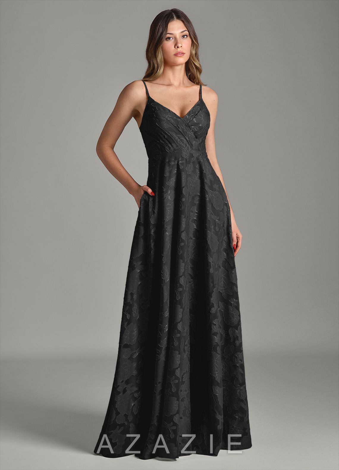 Azazie Amani Black A-Line Pleated Floral Burnout Dress black