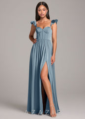 Azazie Denisse Dusty Blue A-Line Ruched Stretch Satin Dress dusty_blue