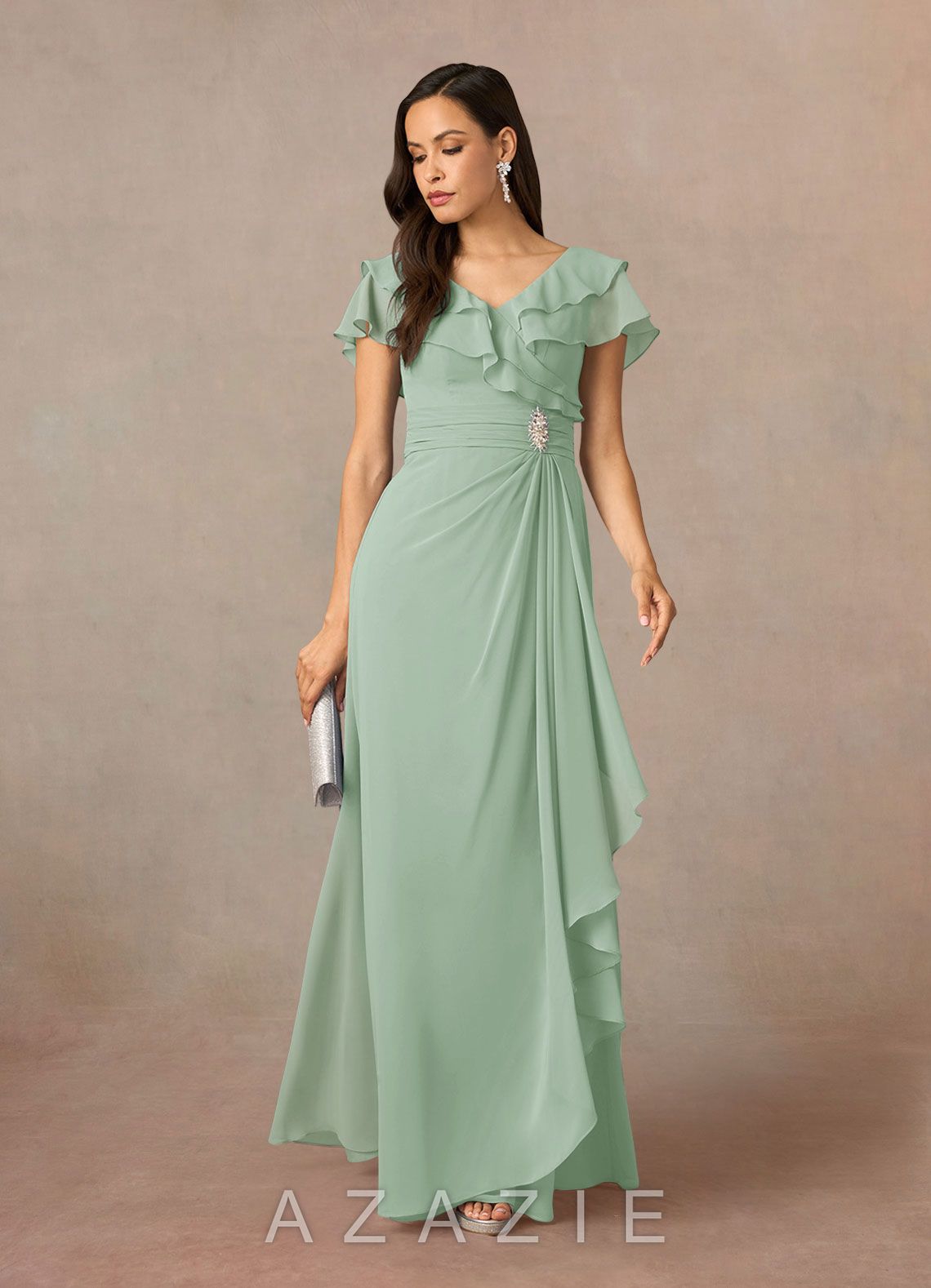 Azazie Snapdragon Agave A-Line V-Neck Ruched Chiffon Dress