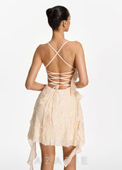 Honorata Champagne Sequin Floral Spaghetti Strap Lace Up Mini Dress