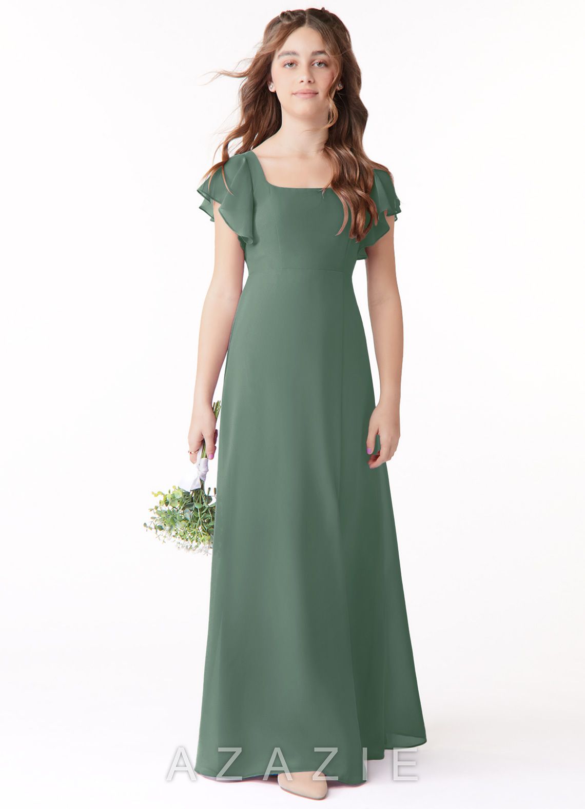 Azazie Bondi Junior Eucalyptus A-Line Bow Chiffon Dress eucalyptus