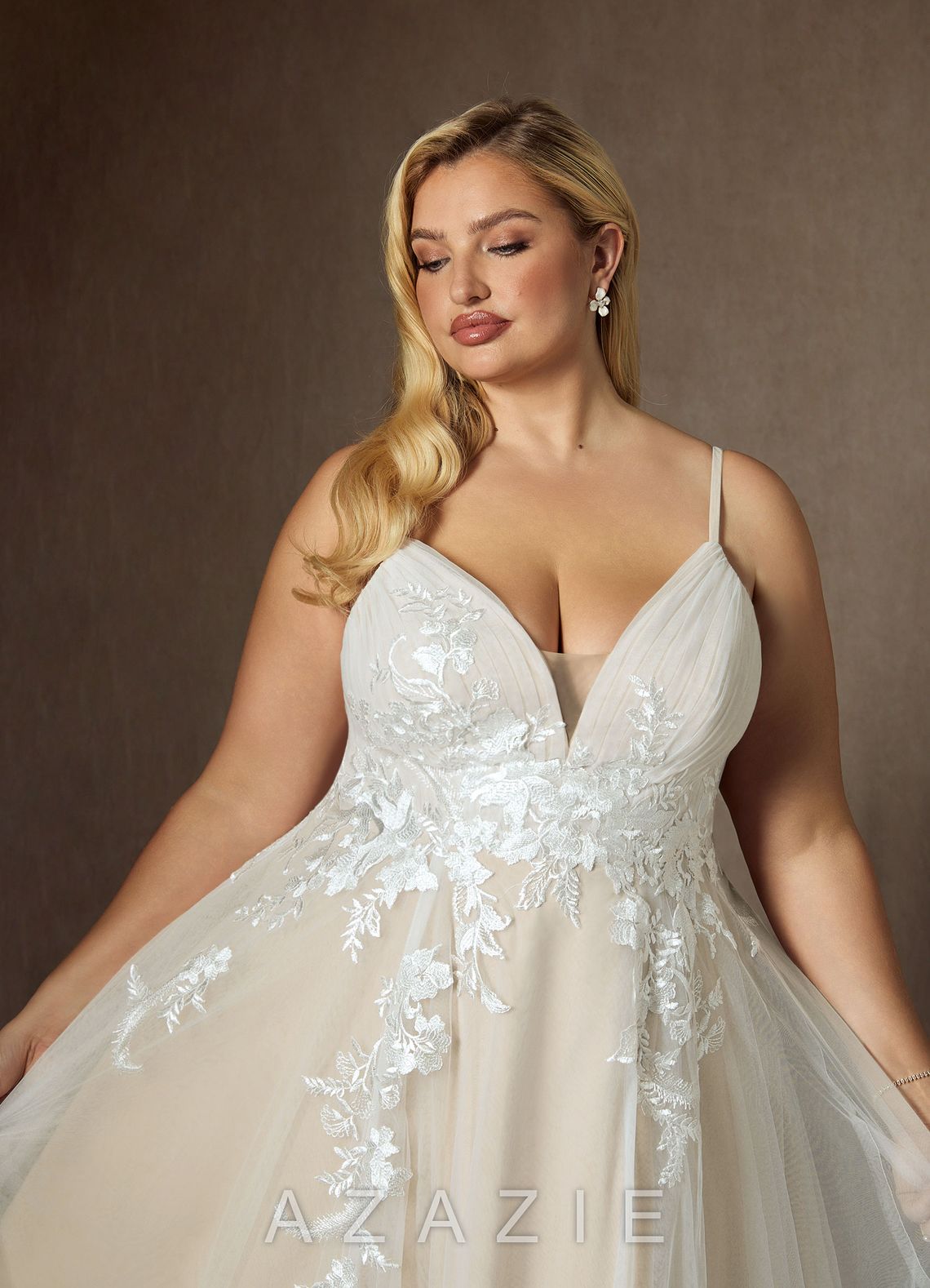 Azazie Rhodes Wedding Dress Diamond White Champagne A-Line V-Neck Sequins Tulle Dress diamond_white/champagne