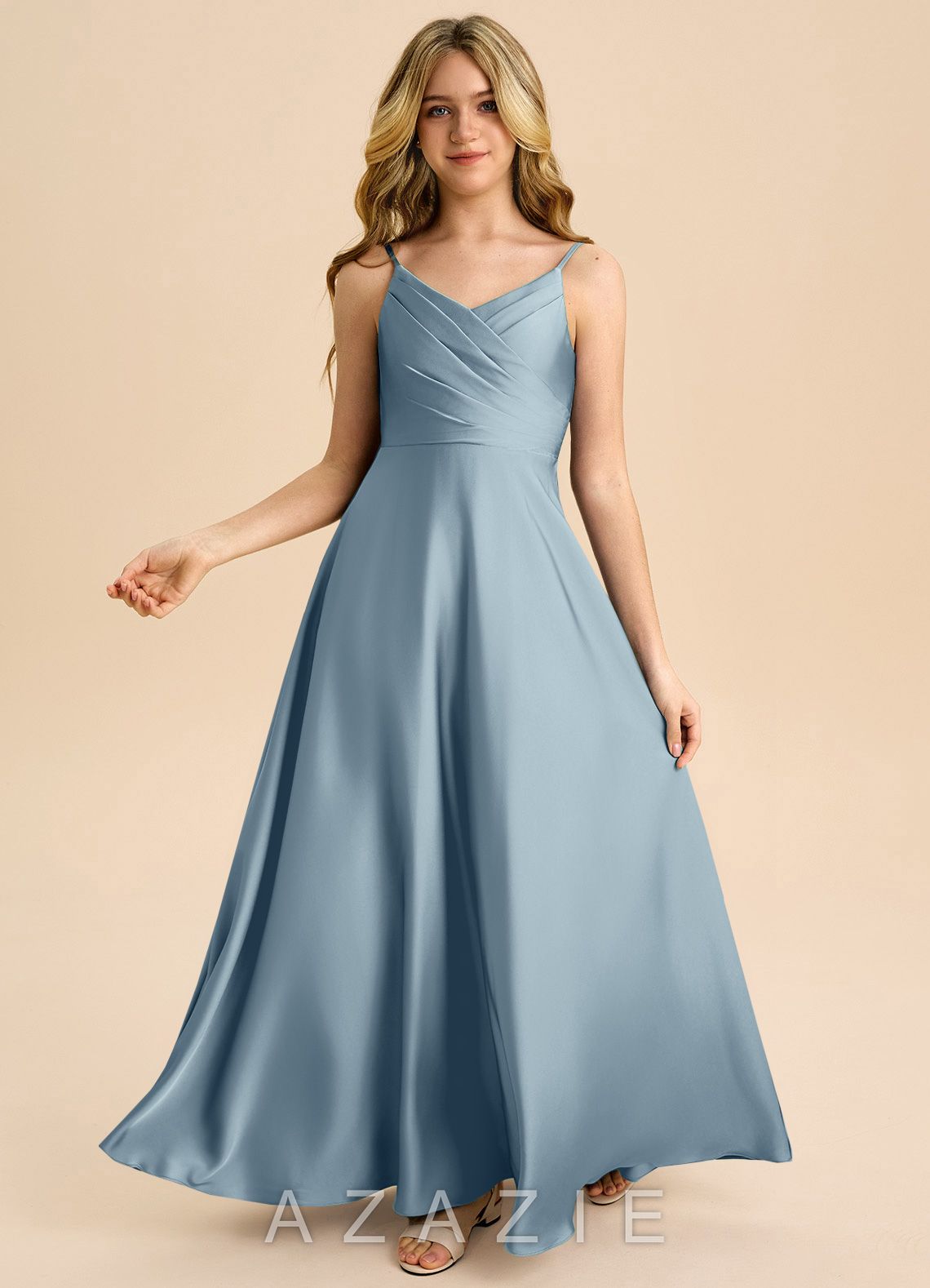 Azazie Bug Junior Dusty Blue A-Line Pleated Stretch Satin Dress dusty_blue