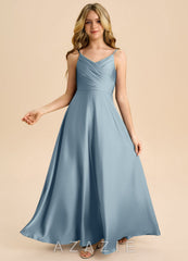 Azazie Bug Junior Dusty Blue A-Line Pleated Stretch Satin Dress dusty_blue