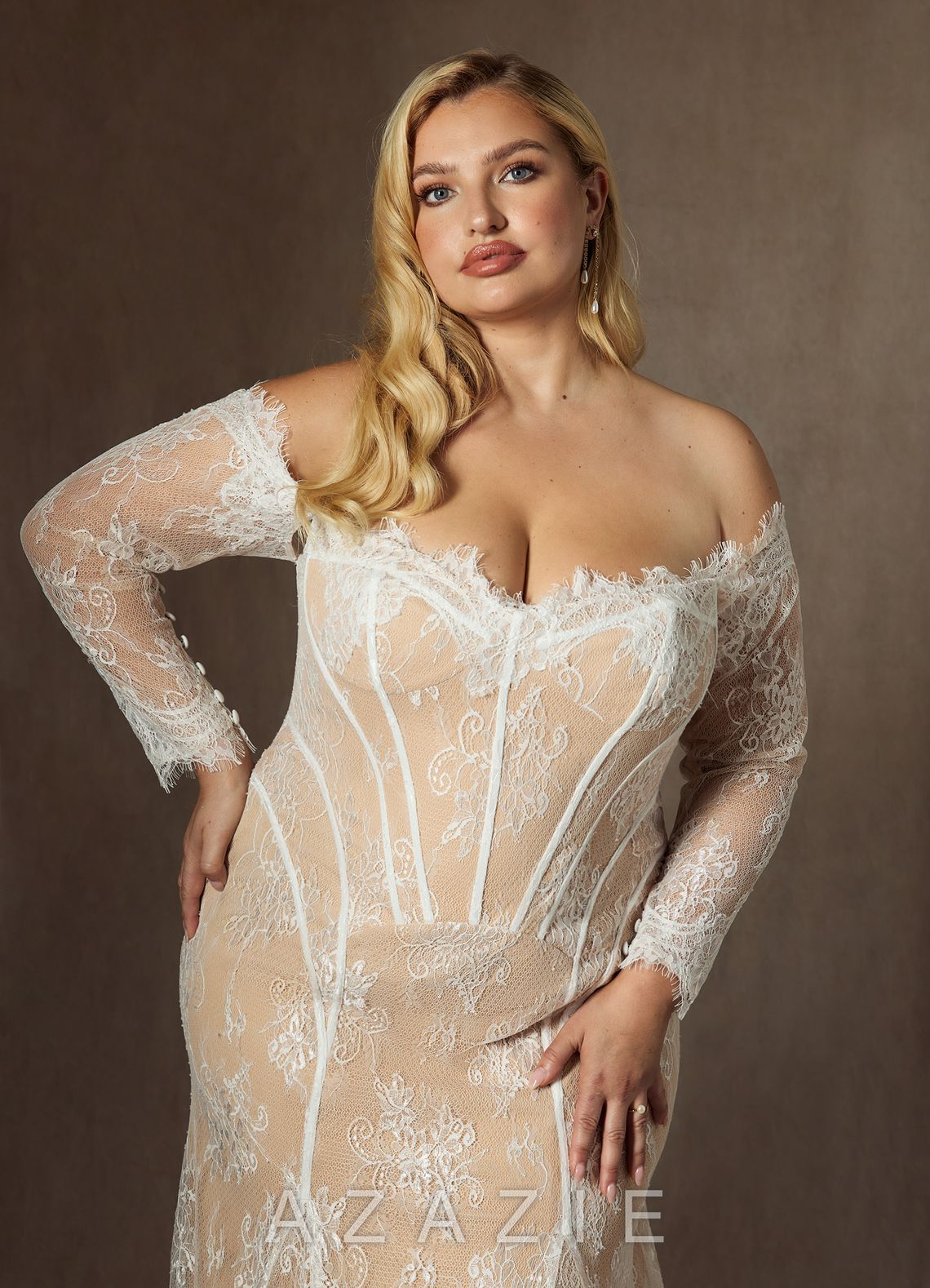 Azazie Katherine Wedding Dress Diamond White Champagne Mermaid Off the Shoulder Tulle Dress diamond_white/champagne