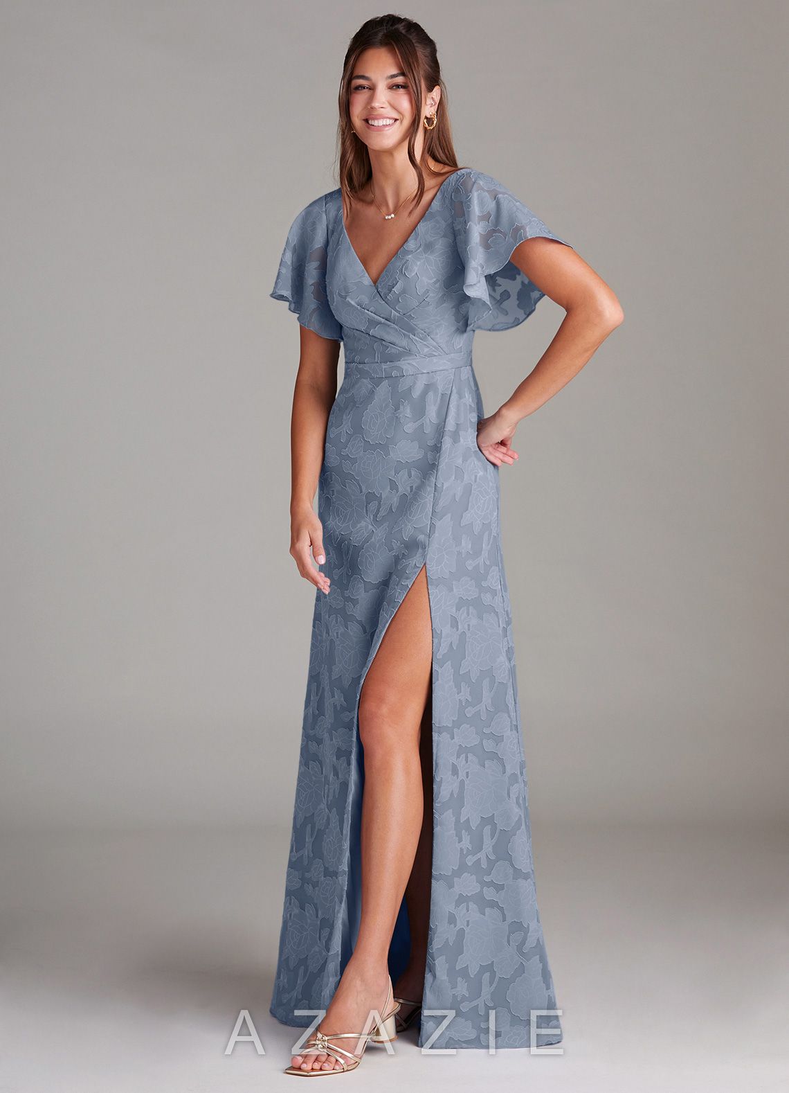 Azazie Ambrosia Dusty Blue A-Line Pleated Floral Burnout Dress dusty_blue