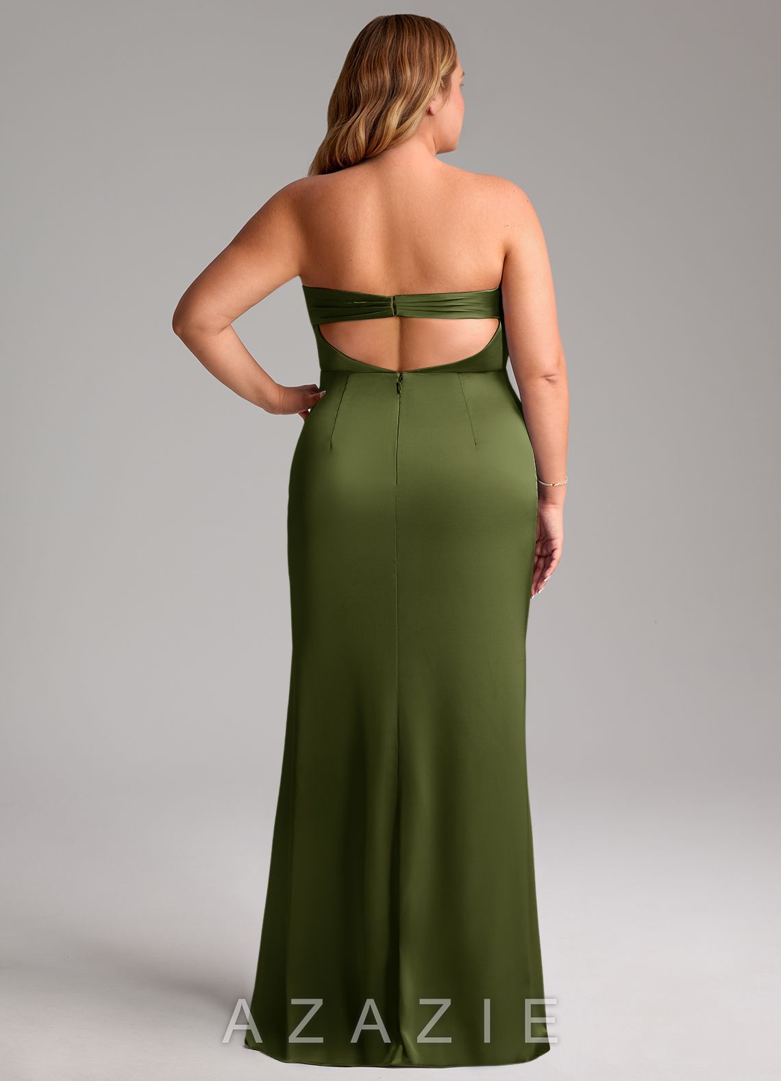 Azazie Leonis Olive Mermaid Pleated Stretch Satin Convertible Dress olive