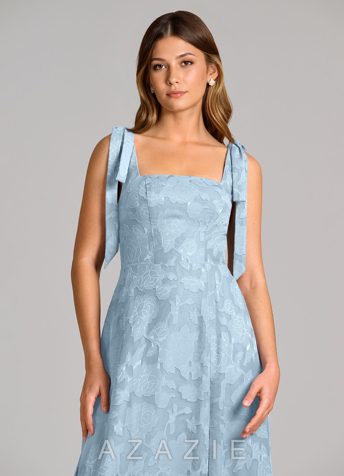 Azazie Debra Sky Blue A-Line with Pockets Floral Burnout Dress sky_blue