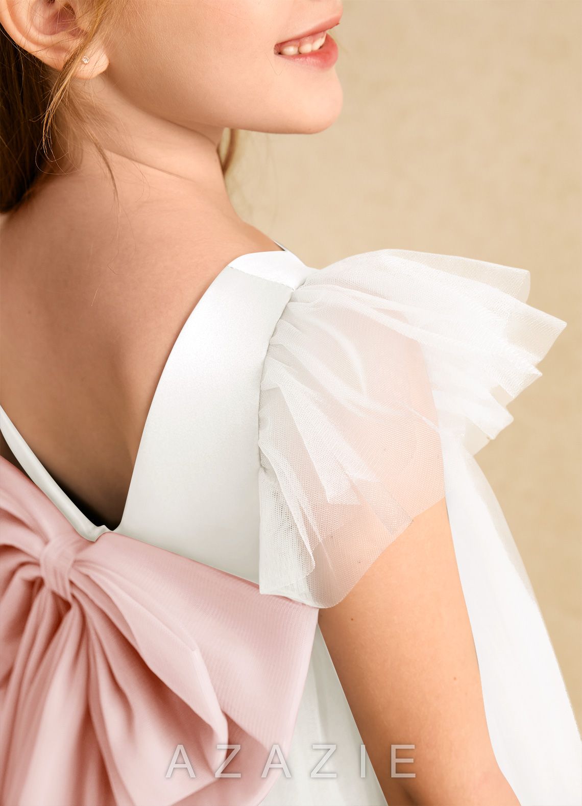 Azazie Munchkin Ivory Blushing Pink A-Line Bow Tulle Dress ivory/blushing_pink