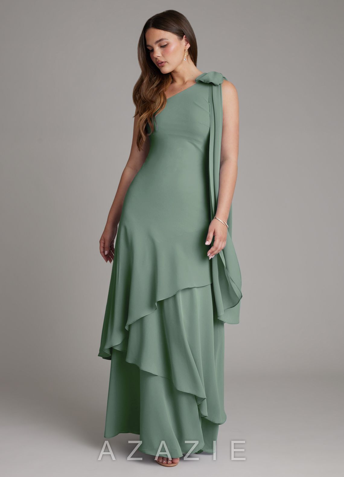 Azazie Monique Eucalyptus A-Line One Shoulder Chiffon Dress eucalyptus