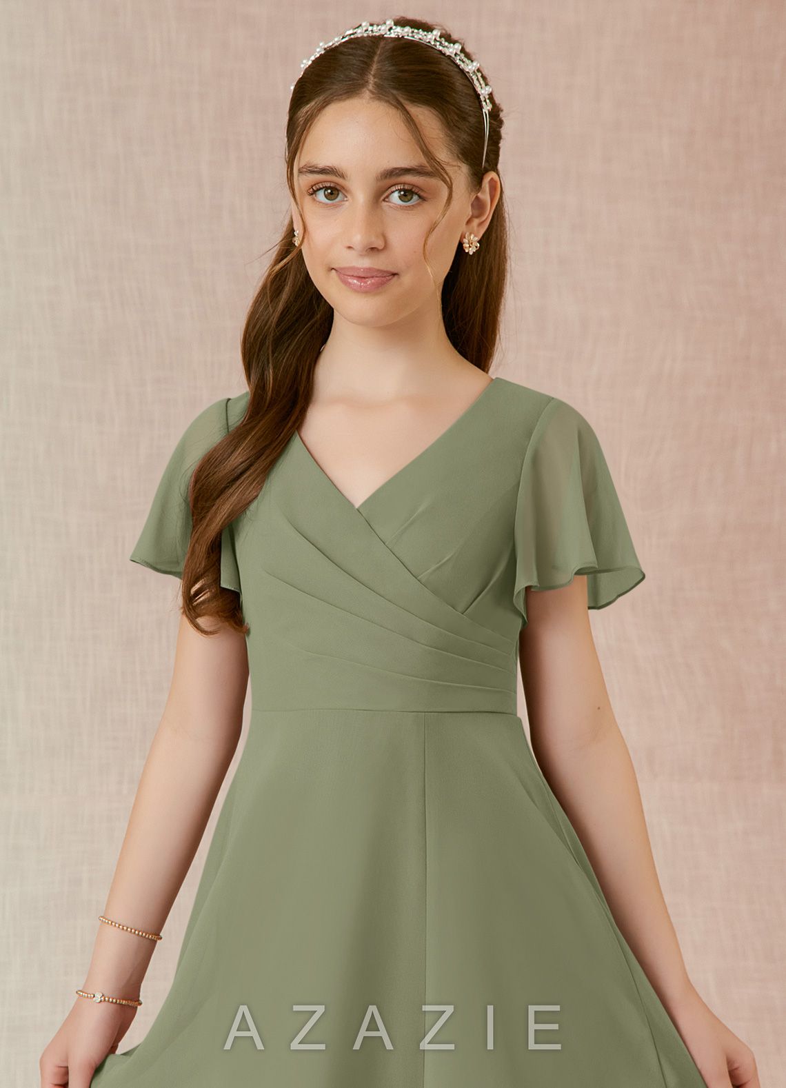 Azazie Induh Junior Pistachio A-Line Ruched Chiffon Dress pistachio