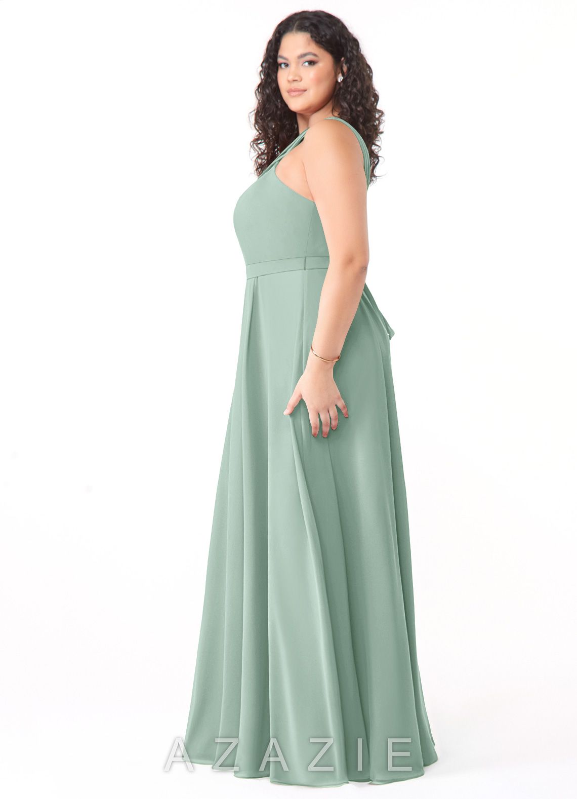 Azazie Dixie Agave A-Line Halter Pleated Chiffon Dress agave