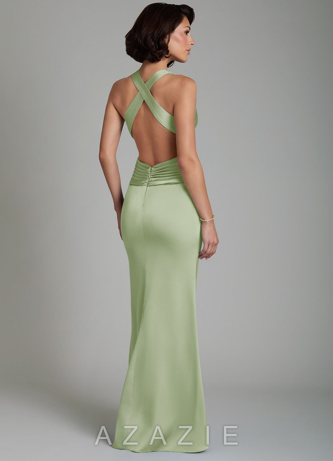Azazie Maya Dusty Sage Mermaid Pleated Stretch Satin Dress dusty_sage