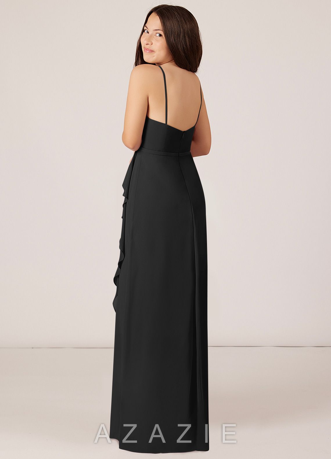 Azazie Kaylee Junior Black A-Line Side Slit Chiffon Dress black
