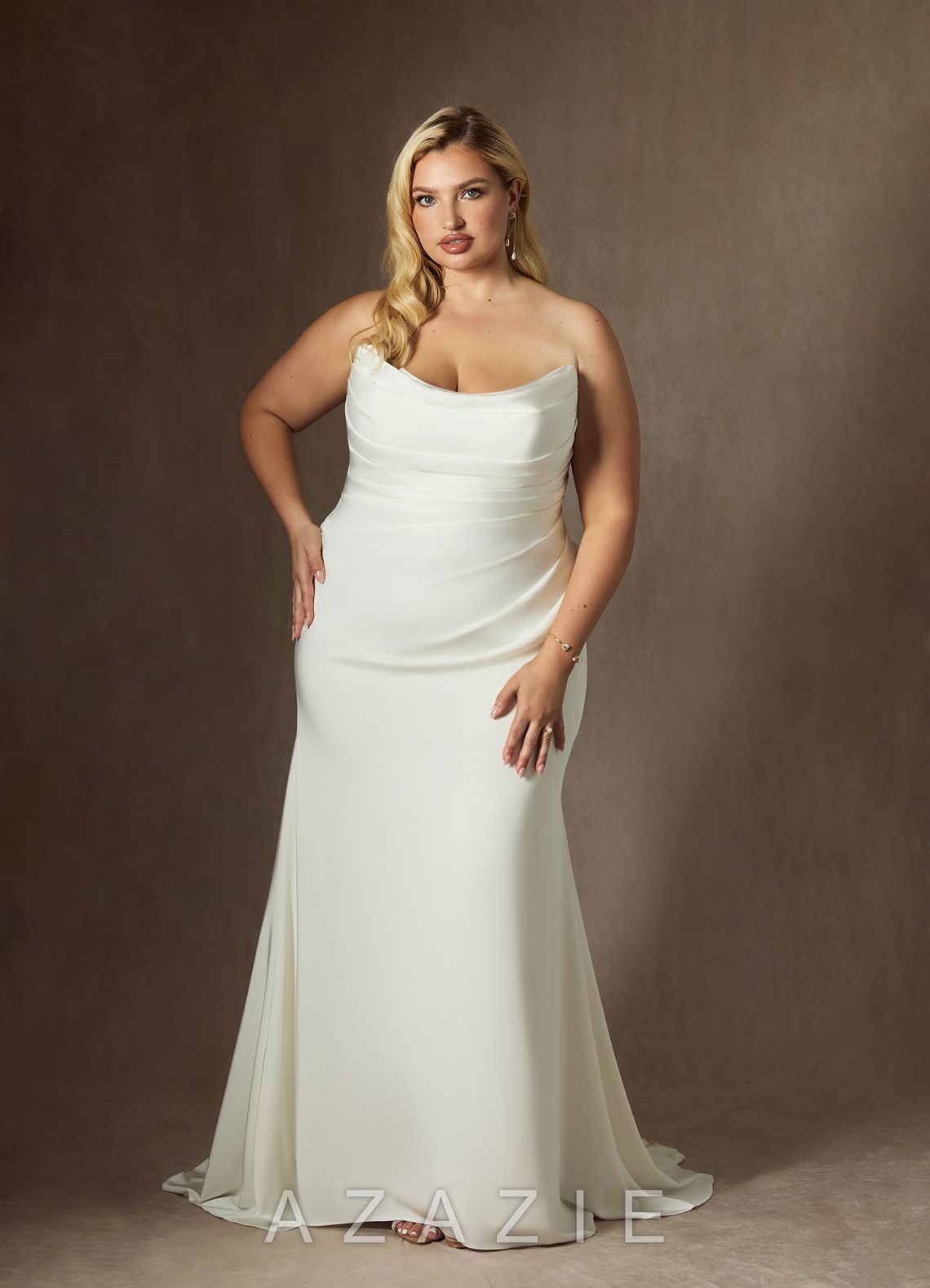 Azazie Elyse Diamond White Mermaid Strapless Crepe Back Satin Dress