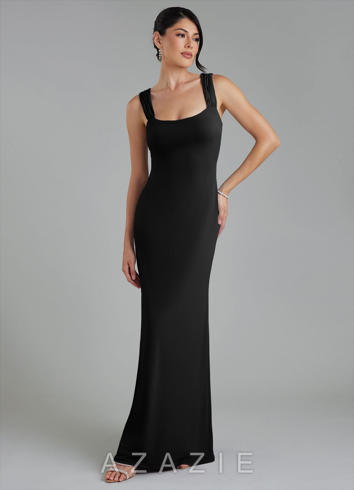 Azazie Ariel Black Mermaid Square Neckline Premium Stretch Jersey Dress black
