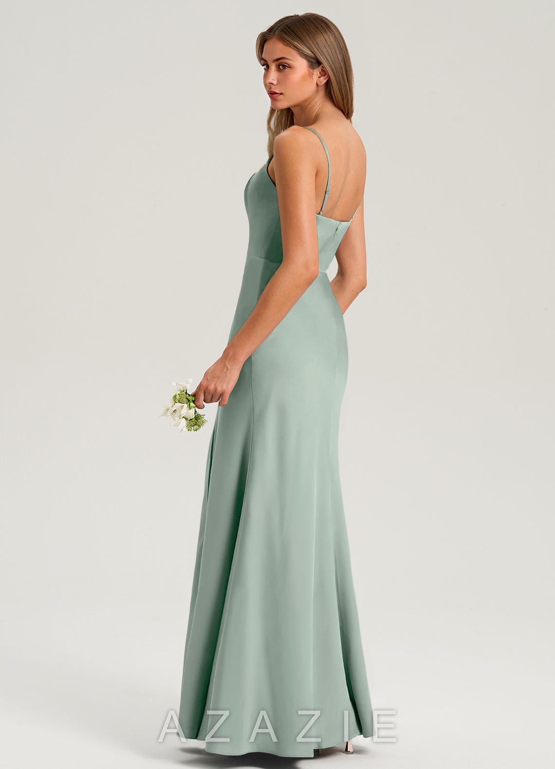 Azazie Lidia Agave Mermaid Side Slit Stretch Satin Dress agave