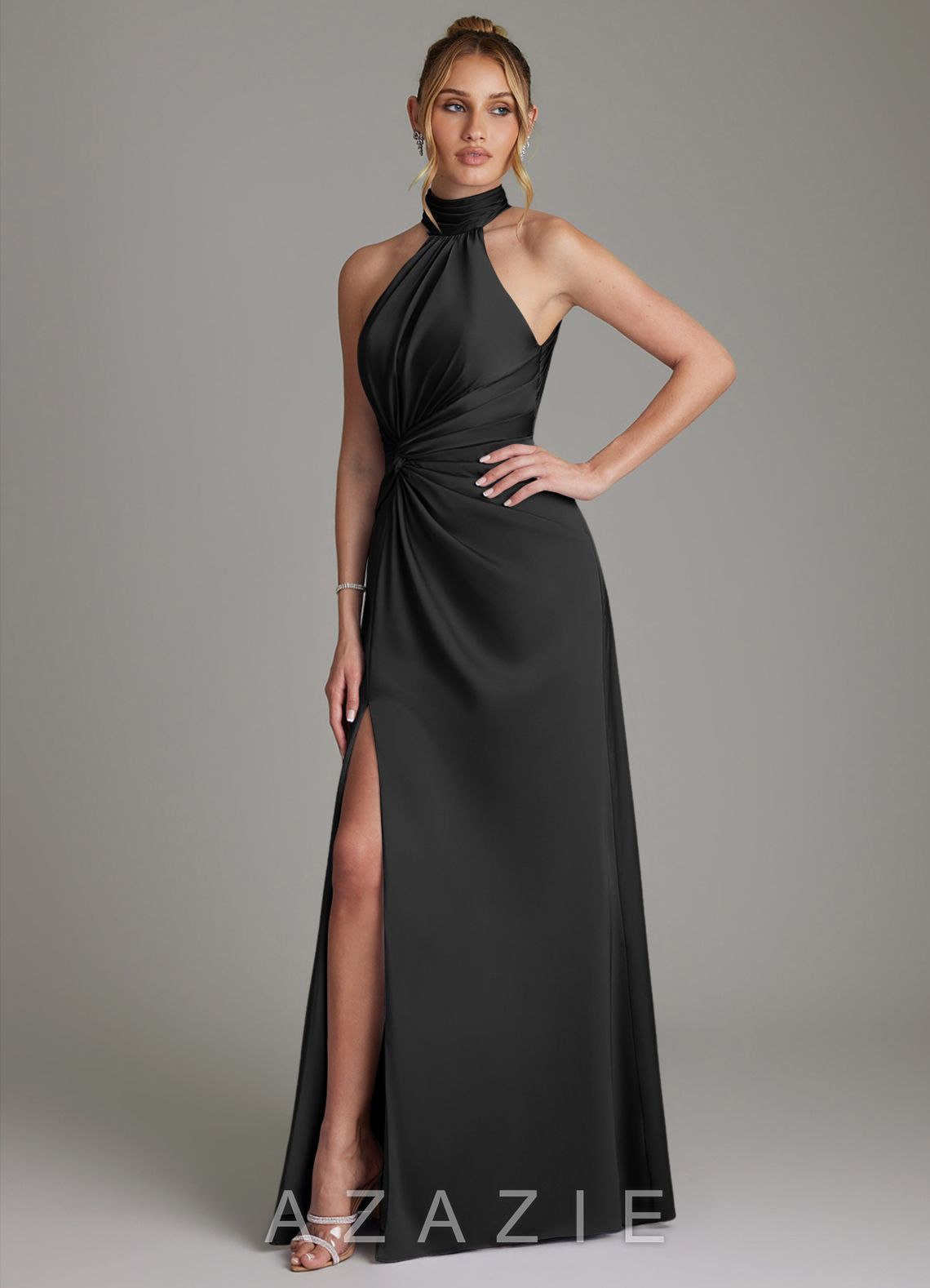 Azazie Gracelynn Black Sheath Pleated Stretch Satin Dress black