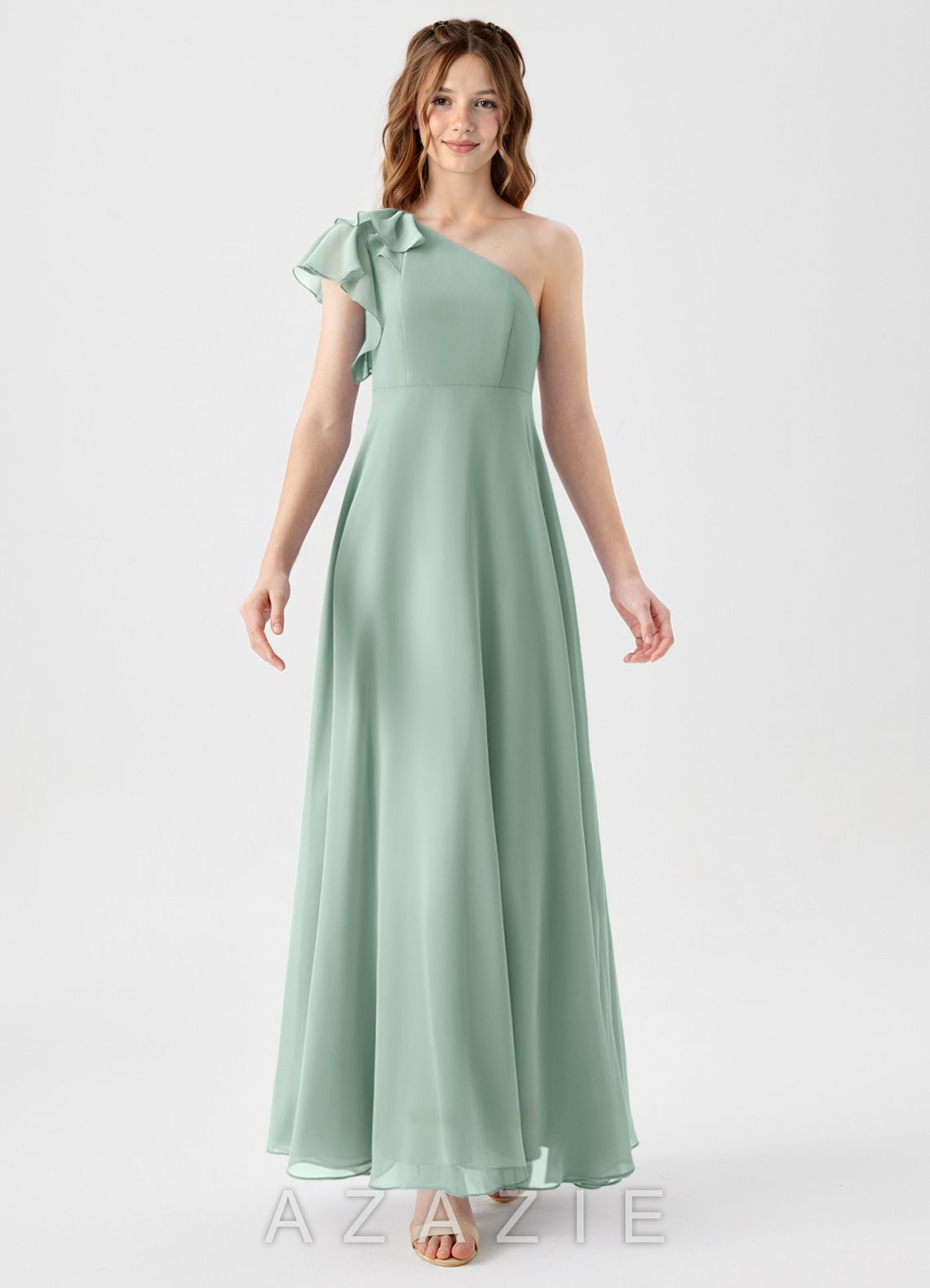 Azazie Arabella Junior Agave A-Line Ruched Chiffon Dress agave