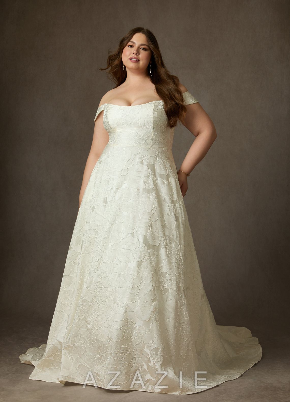 Azazie Amaya Antique White Ball-Gown Strapless Floral Jacquard Dress antique_white