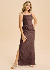 Azazie Mai Junior Espresso Sheath Pleated Floral Burnout Dress espresso