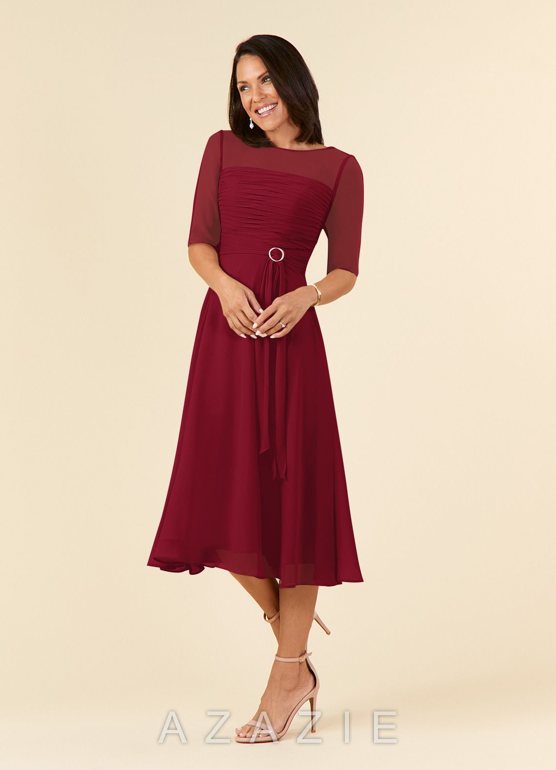 Azazie Naomi Burgundy A-Line Boatneck Pleated Chiffon Dress burgundy