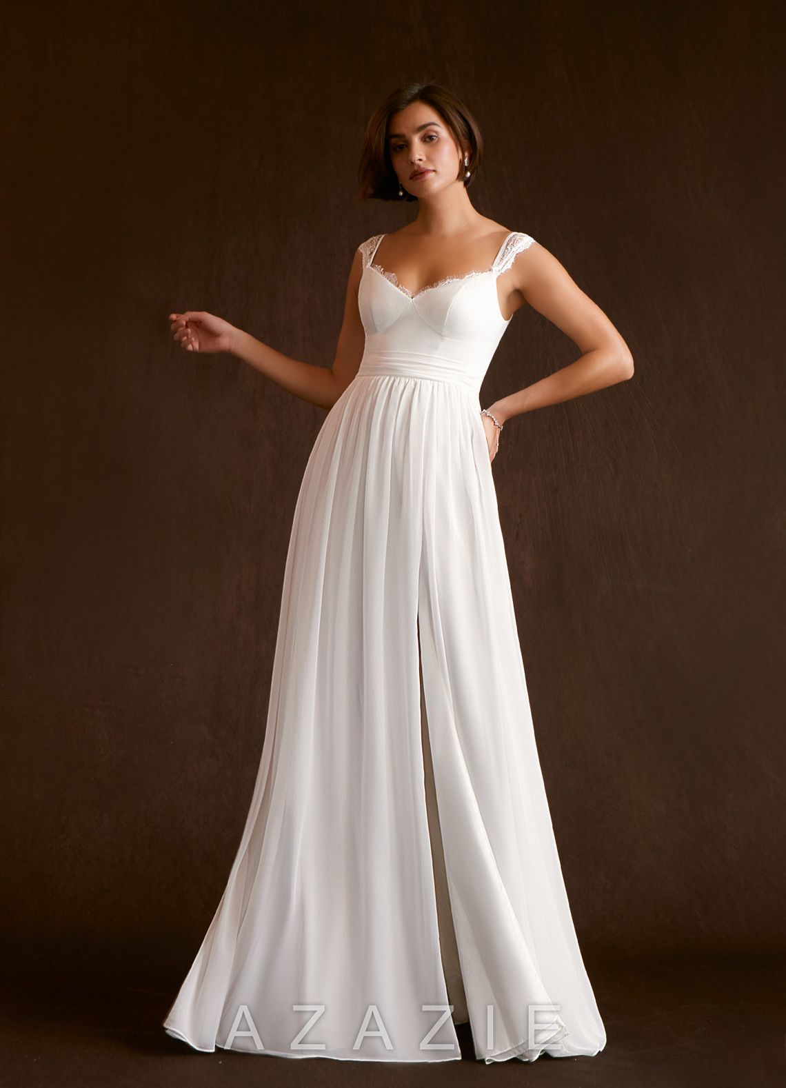 Azazie Aubriella Wedding Dress Diamond White A-Line Lace Chiffon Dress